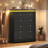 AOGLLATI Black Dresser for Bedroom,5 Drawer Dresser with Led Lights,Modern Led Tall Bedroom Dresser with Top Floating Design for Bedroom Hallway,Black AOGLLATI