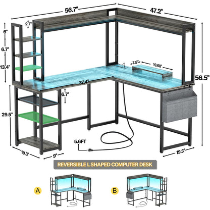 Aheaplus L Shaped Desk with Power Outlet, L Shaped Gaming Desk with Led Light & Hutch, Reversible Home Office Desk, Corner Computer Desk Writing Desk with Monitor Stand & Storage Shelves, Gre - WoodArtSupply