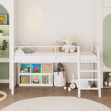 Lutown-Teen Loft Bed Twin Size, Low Junior Metal Twin Loft Bed with Stairs and Safety Guard, Noise Free and Space Saving, White Lutown-Teen