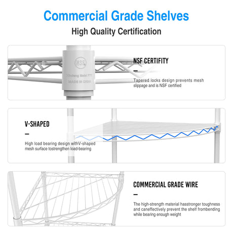 6-Tier NSF Metal Corner Shelf Wire Shelving Unit - 420lbs Capacity, Adjustable, with leveling feet & Shelf Liners - Ideal for Garage, Kitchen, and More - 18" L x 18" D x 72" H - Fan-Shape - White pouseayar