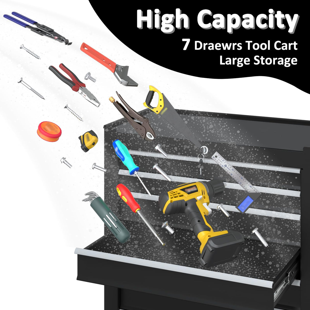 Granper High Capacity 7-Drawer Tool Chest with Wheels, Movable Rolling Tool Chest, Lockable Tool Box with Wheels, Heavy Duty Tool Cabinet for Workshop, Garage, Mechanics and Repair Room (Black) Granper