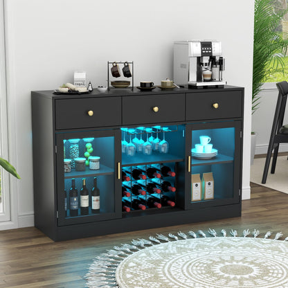 Auromie Wine Bar Cabinet with LED Light, Home Coffee Cabinet with Wine and Glass Rack, Kitchen Buffet Sideboard with Storage Drawers & Adjustable Shelves, Modern Liquor Cabinet with Glass Door (Black)