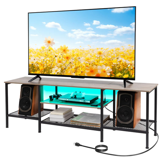 LOAKEKEL TV Stand for 55 65 inch TV, LED Entertainment Center with Charging Station, Long TV Table with Open Storage Shelf, TV Console for Living Room Bedroom, Greige, HTS061GY - WoodArtSupply