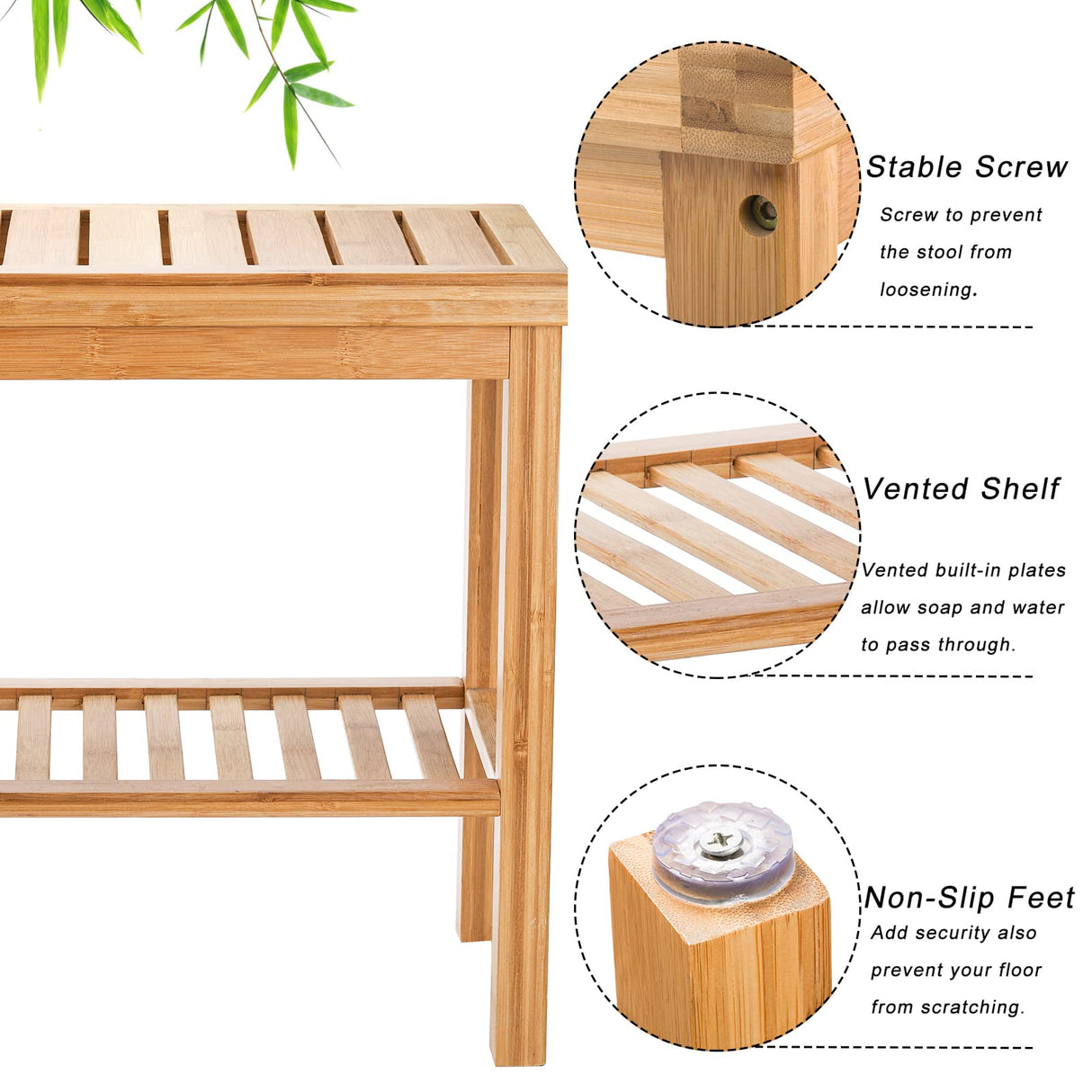 SOUJOY Bamboo Shower Bench, Bath Seat Stool, Spa Foot Rest Shaving Stool, Storage Shelf for Shampoo Towel, Works in Inside Bathroom, Living Room, Bedroom, Garden Leisure SOUJOY