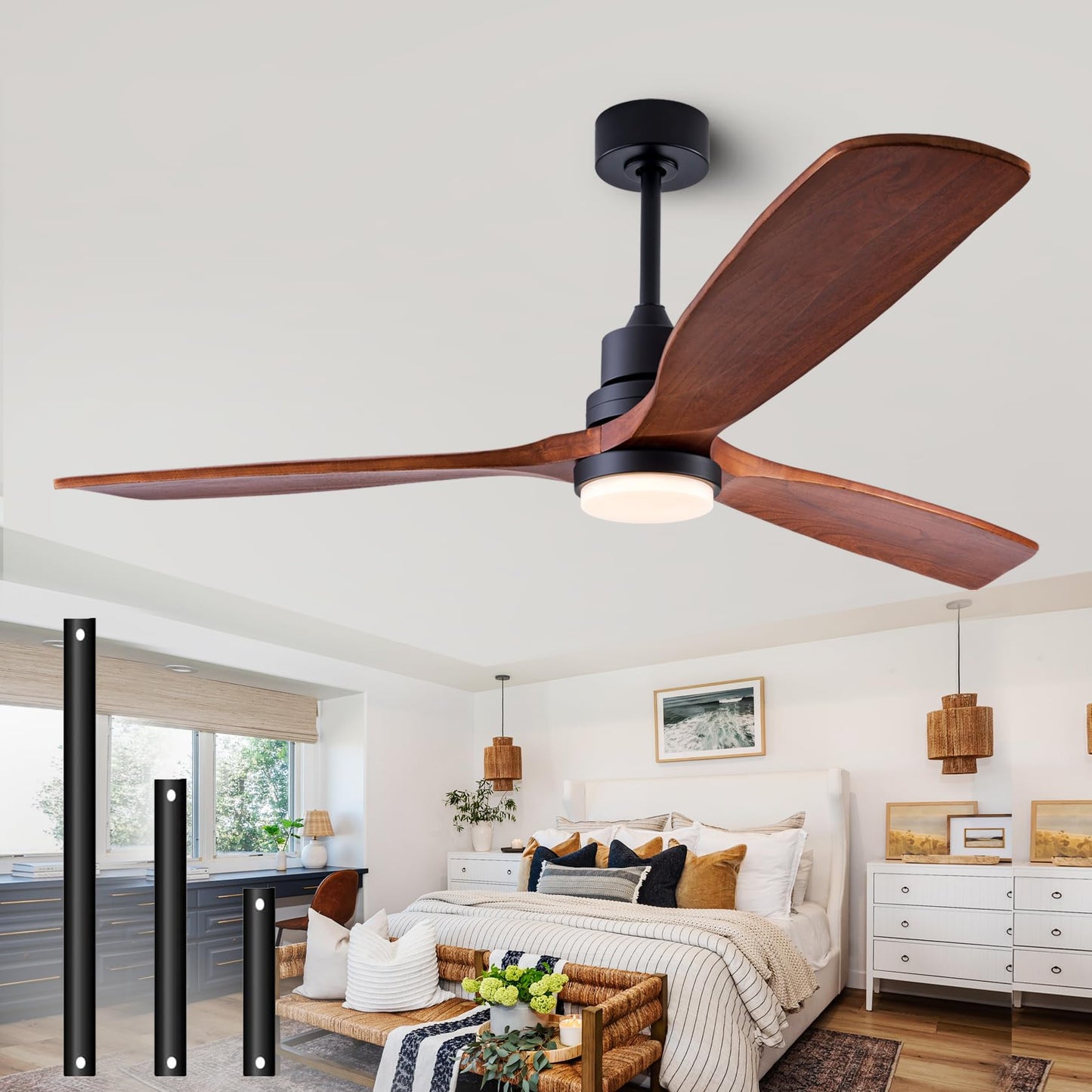 dearnow 56" wooden ceiling fan with lighted remote control, indoor outdoor wooden ceiling fan, outdoor modern ceiling fan with 3 fan blades for patio, living room, office, hallway and more.……