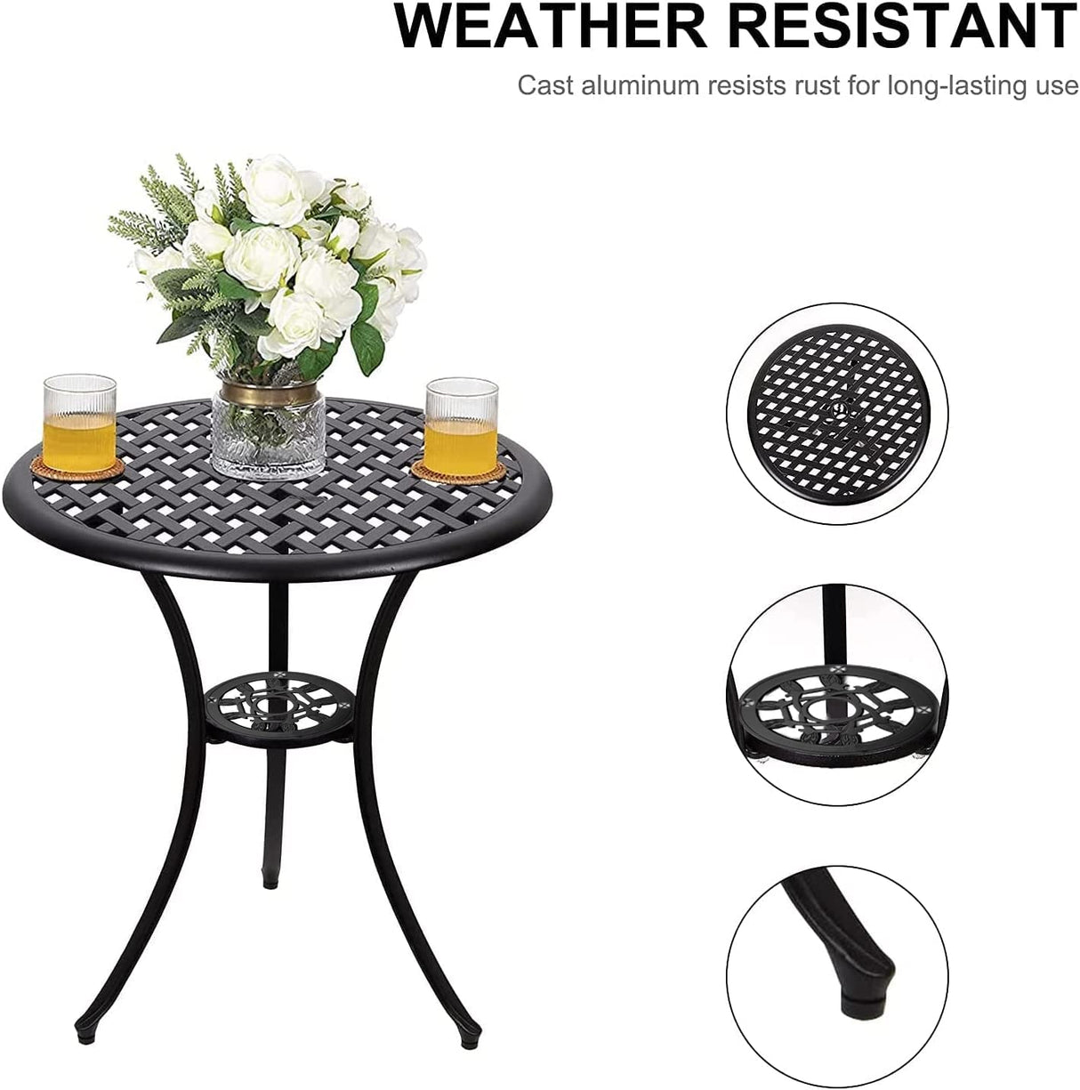 Polar Aurora 3 Piece Patio Bistro Set Cast Aluminum Bistro Table Set Outdoor Round Dining Table with Umbrella Hole for Porch, Lawn, Garden, Backyard, Pool,Black Polar Aurora