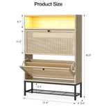 IKIFLY Natural Rattan Shoe Cabinet with LED Light, Shoe Rack Cabinet with 2 Flip Drawers & Open Shelves, Narrow Shoe Cabinet with Metal Legs, Shoe Storage Cabinet for Entryway, Living Room, Apartment IKIFLY