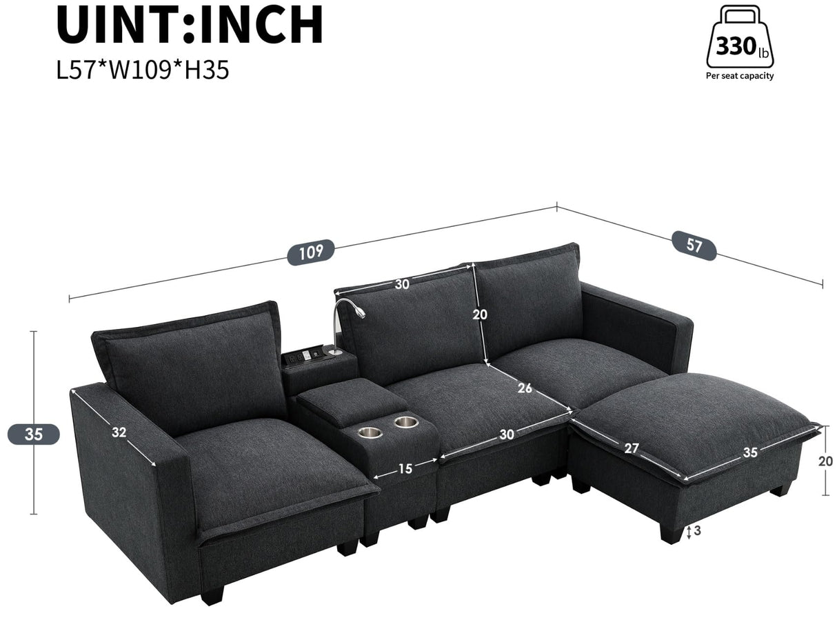 Merax 109" x 57" Modular Sectional Couches Sofa with Console, USB Charging Port, Reading Light, Cup Holder, Storable, Chenille Chaise Lounge for Living Room, Apartment Furniture, Grey Merax