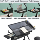 ZephyPaws Glass Drafting Table and Stool Sets, Adjustable Height Drawing Table Art Craft Artist Desk Tilting Glass Tabletop with 2 Storage Drawers for Home Office (Black) ZephyPaws