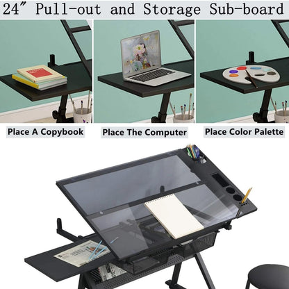 ZephyPaws Glass Drafting Table and Stool Sets, Adjustable Height Drawing Table Art Craft Artist Desk Tilting Glass Tabletop with 2 Storage Drawers for Home Office (Black)