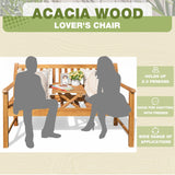 Greesum Outdoor Bench 2-Person Acacia Garden Chair Patio Porch Furniture with Foldable Small Table Plate for Deck, Yard, Balcony, Natural Greesum