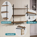 Bestier 3 Tier Industrial Pipe Shelving, Floating Book Shelves for Wall, Storage Hanging Shelves with Towel Bar for Bathroom Organizer Bedroom Kitchen Plants Office. 31.5 Inch Rustic Brown Bestier