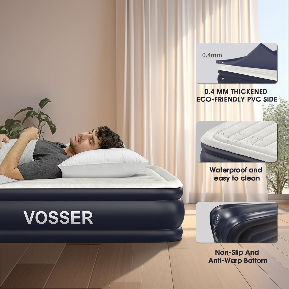 VOSSER Air Mattress Full with Built in Pump,18''Inflatable Mattress of Upgraded Vertical Beams,Self Inflatable/Deflation Blow Up Mattress in 3 Mins,Flocked Top Airbed with Carry Bag for Home, Camping VOSSER