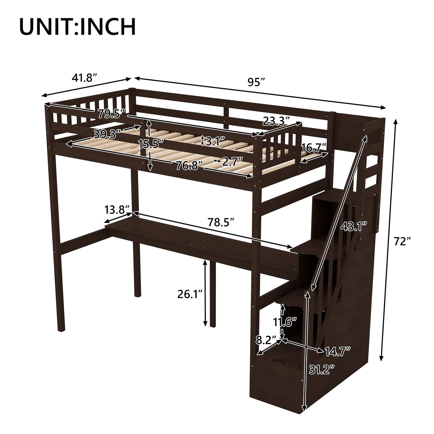 Espresso Twin Size Loft Bed with Desk, Stairs, and Storage by Harper & Bright Designs - WoodArtSupply