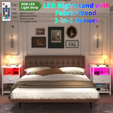 HDDDZSW LED Nightstands set of 2 with Charging Station, Bedside Tables with USB Ports and Outlets, End Table with Fabric-Wood 2-in-1 Drawer for Small Spaces, White Side Table for Bedroom, Living Room HDDDZSW
