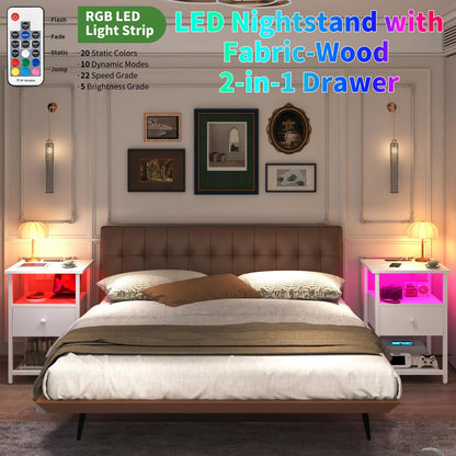 HDDDZSW LED Nightstands set of 2 with Charging Station, Bedside Tables with USB Ports and Outlets, End Table with Fabric-Wood 2-in-1 Drawer for Small Spaces, White Side Table for Bedroom, Liv - WoodArtSupply