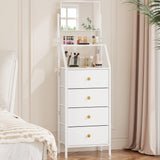HIGDBFE Dresser with Mirror, 4 Drawers Dresser with 2-Tier Shelves, Freestanding Fabric Chest of Drawers for Small Space, Tall Narrow Nightstand Vanity for Bedroom, Hallway, Dorm, White, 15.3" W HIGDBFE