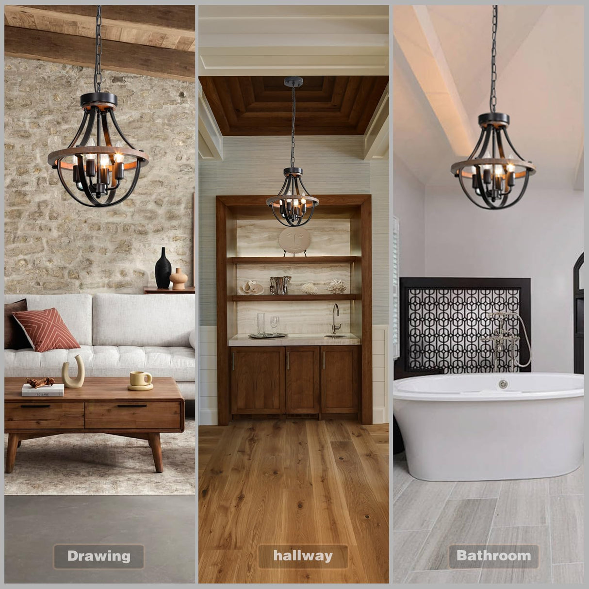 Threebro Chandeliers，Farmhouse Ceiling Chandelier Wood Black Modern Rustic Hanging Pendant Light Fixture with Chain for Dining Room Living Room Entryway Kitchen Island Bedroom Foyer Lighting（4-Light） Threebro