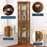 Yayzy Lighted Corner Display Curio Cabinet Wooden Curved Shelving Unit with Tempered Glass Door, Bar and Liquor Storage Area with 6 Shelves (Corner Shape, Oak) Yayzy
