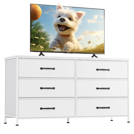 WLIVE Wide Fabric Dresser, 6 Drawer Dresser TV Stand for 60" TV, Dressers Bedroom Furniture Large Storage Tower Unit with Fabric Bins, White Dresser for Bedroom, Closet, Hallway, White WLIVE