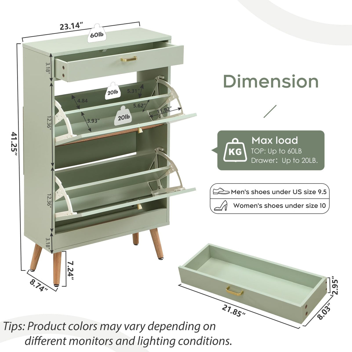 Yechen Shoe Rack Storage Organizer with 2 Natural Semi-Circular Rattan Doors, Entryway Wooden Shoe Cabinet for Sneakers, Leather Shoes, High Heels, Slippers (1 Piece, Morandi Green) Yechen