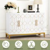 HLR Accent Cabinet with 4 Doors and Shelves, Sideboard Buffet Cabinet with Gold Lines, Modern Credenza Storage Decorative Cabinet for Living Room, Entryway, Kitchen, Dining Room, White HLR