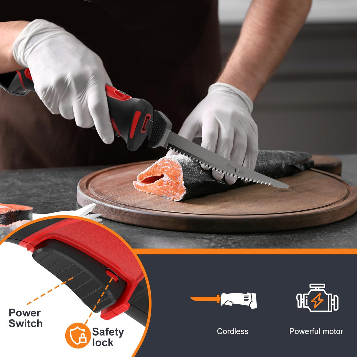 VlOXO Electric Fillet Knife - Cordless with 4 Stainless Steel Blades, Non-Slip Grip, Safety Lock, Includes Storage Case VLOXO