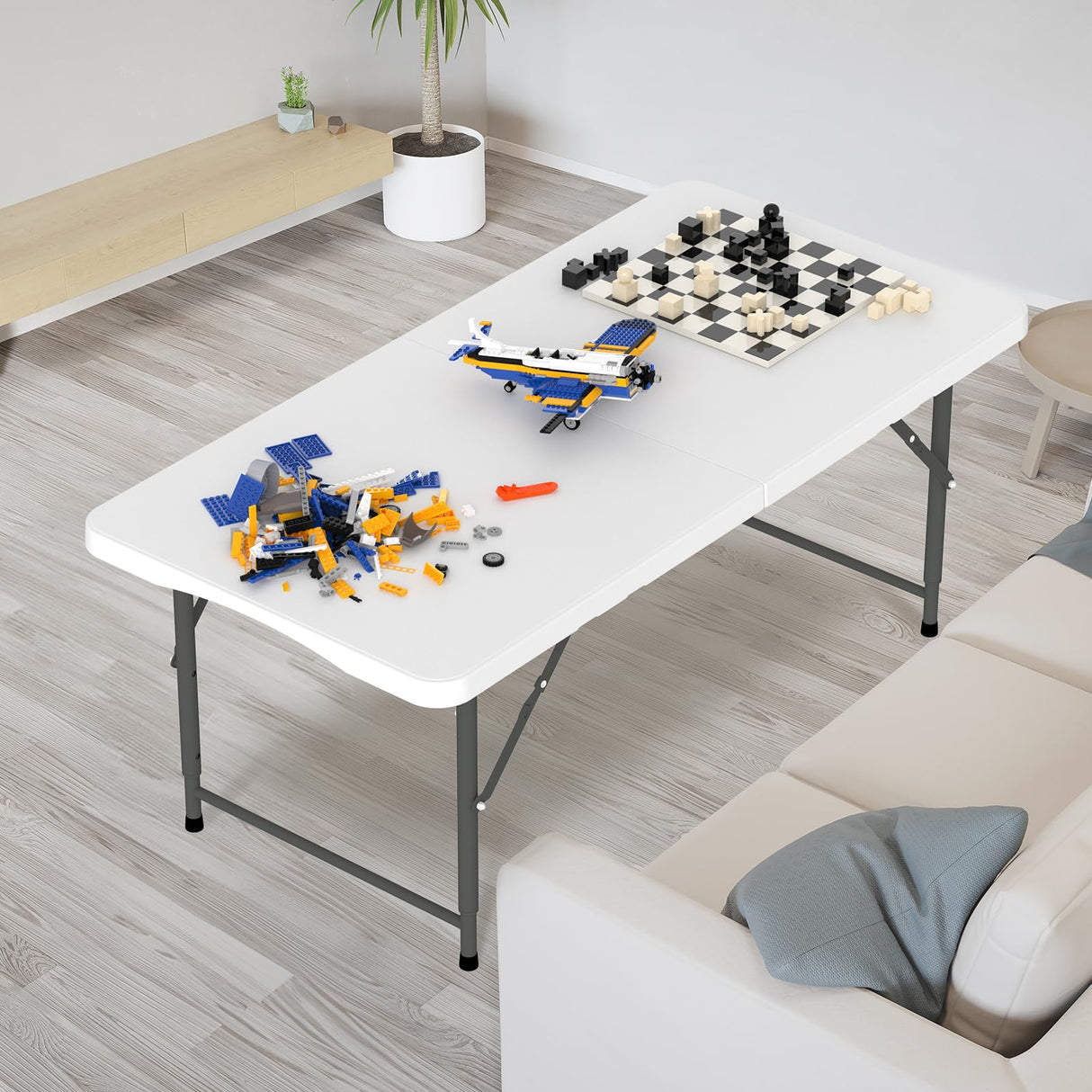 VINGLI 4 FT Plastic Folding Camping Table,3-Level Adjustable Height, Portable in/Outdoor Party Picnic Dining Desk,Off-White Garden Soccer Multipurpose Entertaining Activities VINGLI