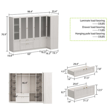 Homsee Extra Large L-Shape Armoire Wardrobe Closet with 6 Frosted Glass Doors, Hanging Bars, Shelves & Drawers, 98.4" L Wooden Closet Storage Cabinet for Bedroom, Warm Grey