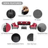 OUGMMGOU 7 Piece Patio Furniture Set, All-Weather Wicker Outdoor Conversation Set with Sectional Sofa, Rattan PE Wicker Seating, Glass Coffee Table, and Cushions (Coffee-Red, Z7) OUGMMGOU