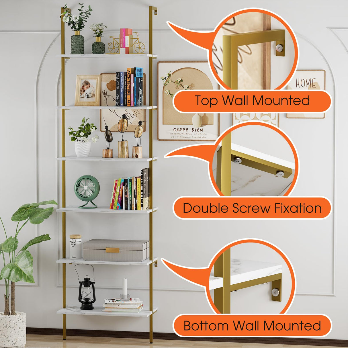 Wolawu Ladder Shelf 6 Tiers Marble White Modern Bookshelf Open Tall Wall Mount Bookcase Standing Leaning Wall Shelves Industrial Decorative Living Room Bed Room Wolawu