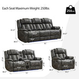 Manual Recliner Sofa Set 3 Piece with Wireless Charger for Living Room,Leather 3 Seater Reclining Couch with Bass Speakers and Loveseat Theater Seating,Home Electric Recliner Chair with LED Light,Grey Comfort Stretch