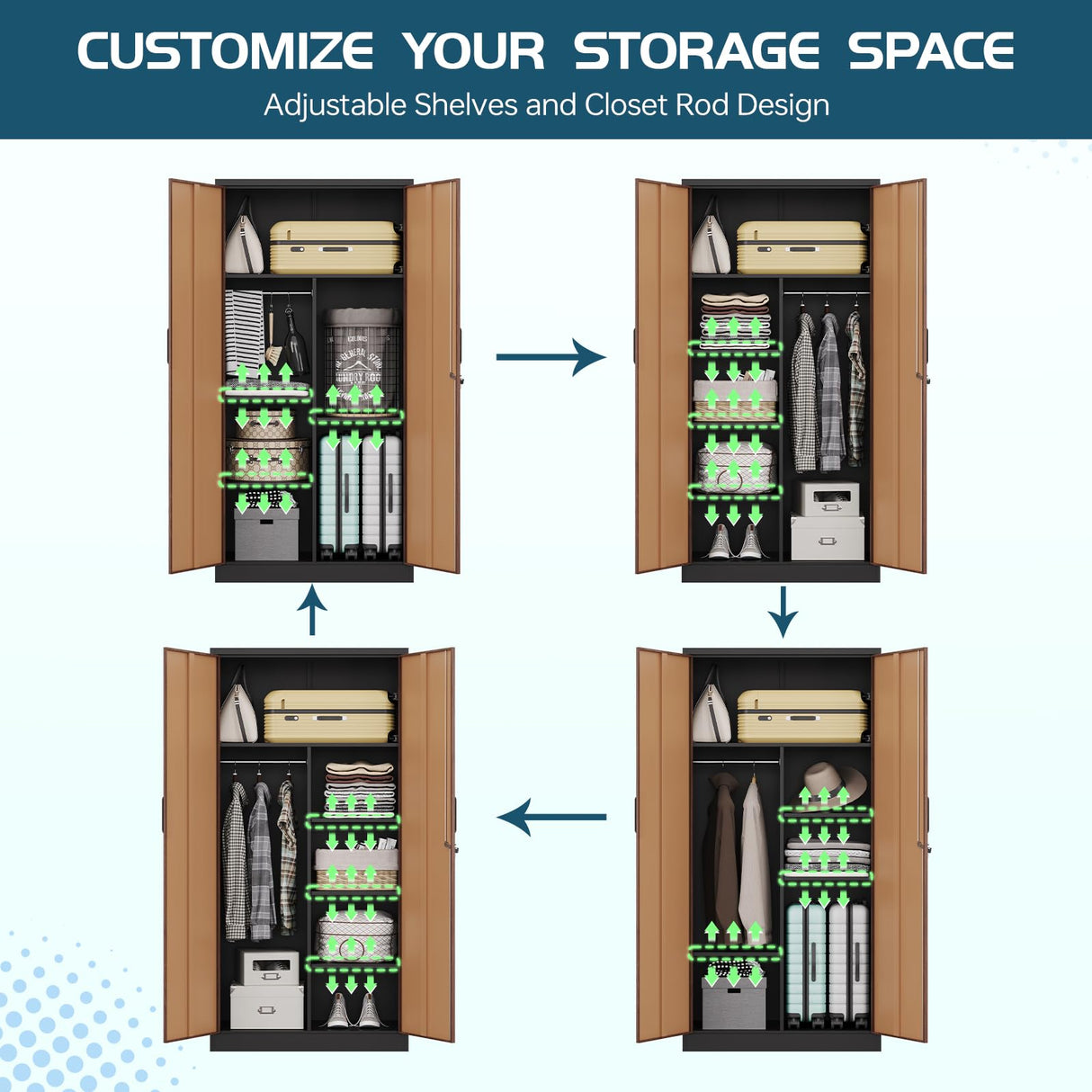 MIIIKO Metal Wardrobe Cabinet with Locking Doors, Metal Storage Armoire Closet for Clothing, 2 Door Woodgrain Locker Cabinet with Adjustable Shelves for Bedroom, Locker Room, Home Office and Garage… MIIIKO