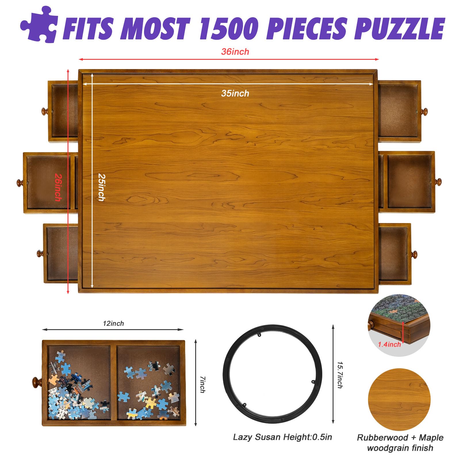 Sunix 1500 Piece Rotating Puzzle Board with 6 Drawers and Cover, 36"x26" Portable Wooden Jigsaw Puzzle Table for Adults & Kids, Premium Smooth Work Surface, Spinning Puzzle Board Birthday Gif - WoodArtSupply