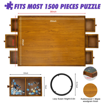 Sunix 1500 Piece Rotating Puzzle Board with 6 Drawers and Cover, 36"x26" Portable Wooden Jigsaw Puzzle Table for Adults & Kids, Premium Smooth Work Surface, Spinning Puzzle Board Birthday Gif - WoodArtSupply