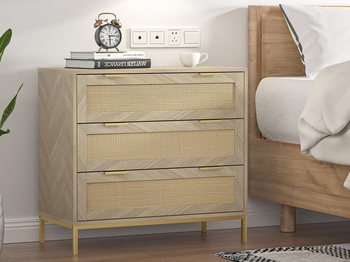 Anmytek 3 Drawer Dresser for Bedroom with Natural Rattan,Closet Dressers Chest of Drawers for Bedroom,Farmhouse Wood Large Nightstand with Storage Versatile Bedside Table for Bedroom Anmytek