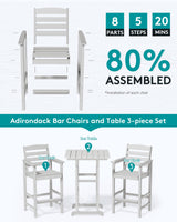 SERWALL Tall Adirondack Bar Chairs and Table 3 Pieces Set, Adirondack Bar Height Chairs Set of 2 and Bar Table, Outdoor Bar Stools Set for Bistro, Poolside, Backyard, White SERWALL