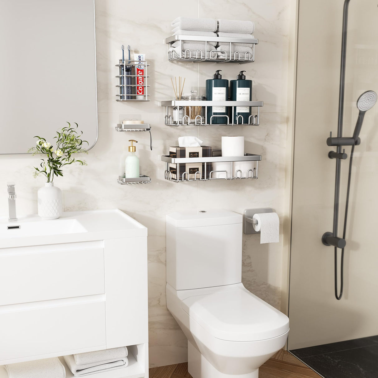 Veken Shower Caddy 6-Pack, Family Choice Award Winner, Large Wall Mounted Shower Rack, Bathroom Shelves Over Toilet, Organizer Storage Accessories with Soap Dish & Toothbrush Holder, Silver Veken