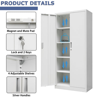 Metal Storage Cabinet, 72" H x 36" W x 18" D Locking Cabinet with Adjustable Shelves, Steel Storage Cabinets for Garage, Home, Office, Pantry (White) - WoodArtSupply