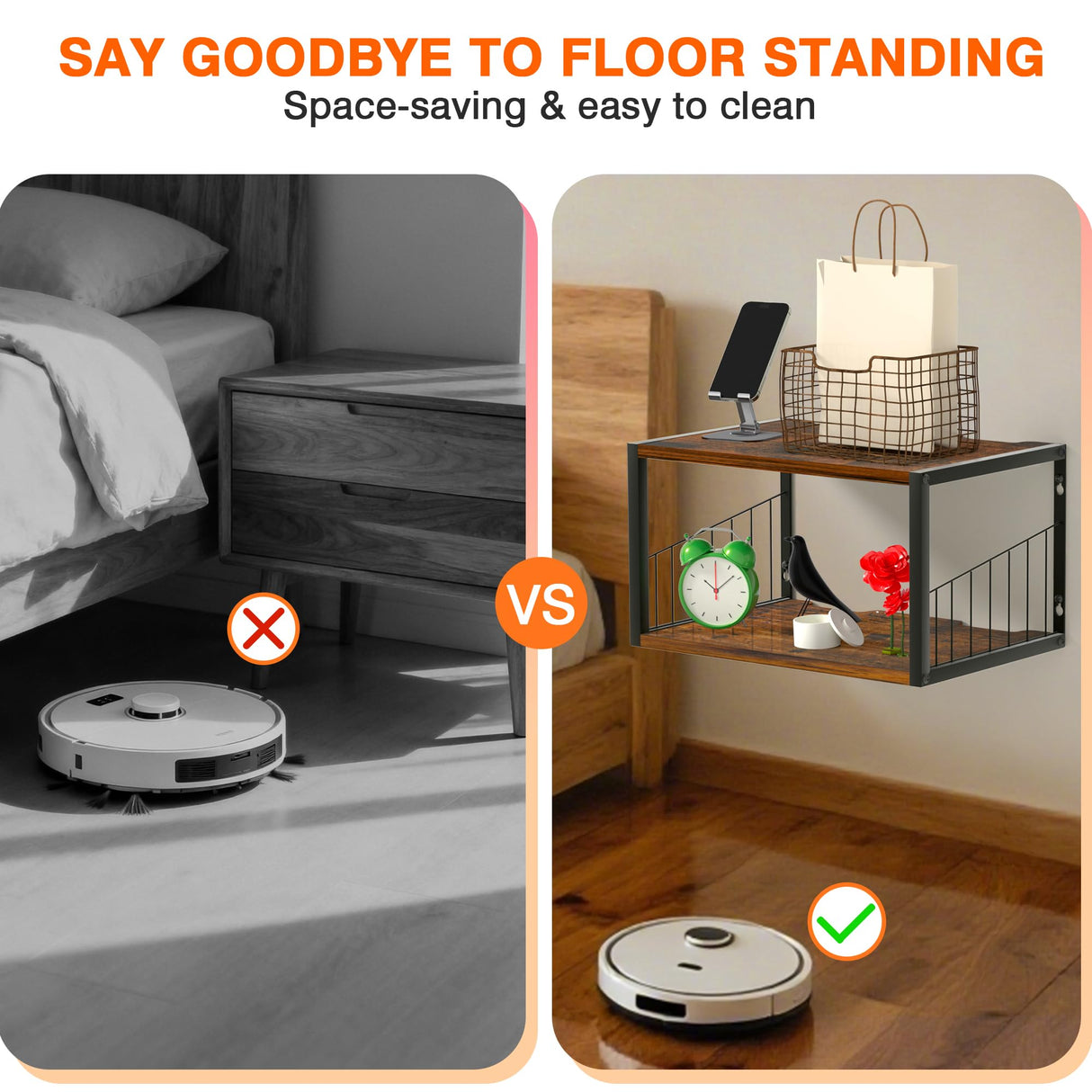 Alytree Floating Nightstand, Wood Floating Bedside Table with Cable Hole, Wall Mounted Nightstand for Bedroom, Living Room, Bathroom, Kitchen (Rustic Brown) Alytree