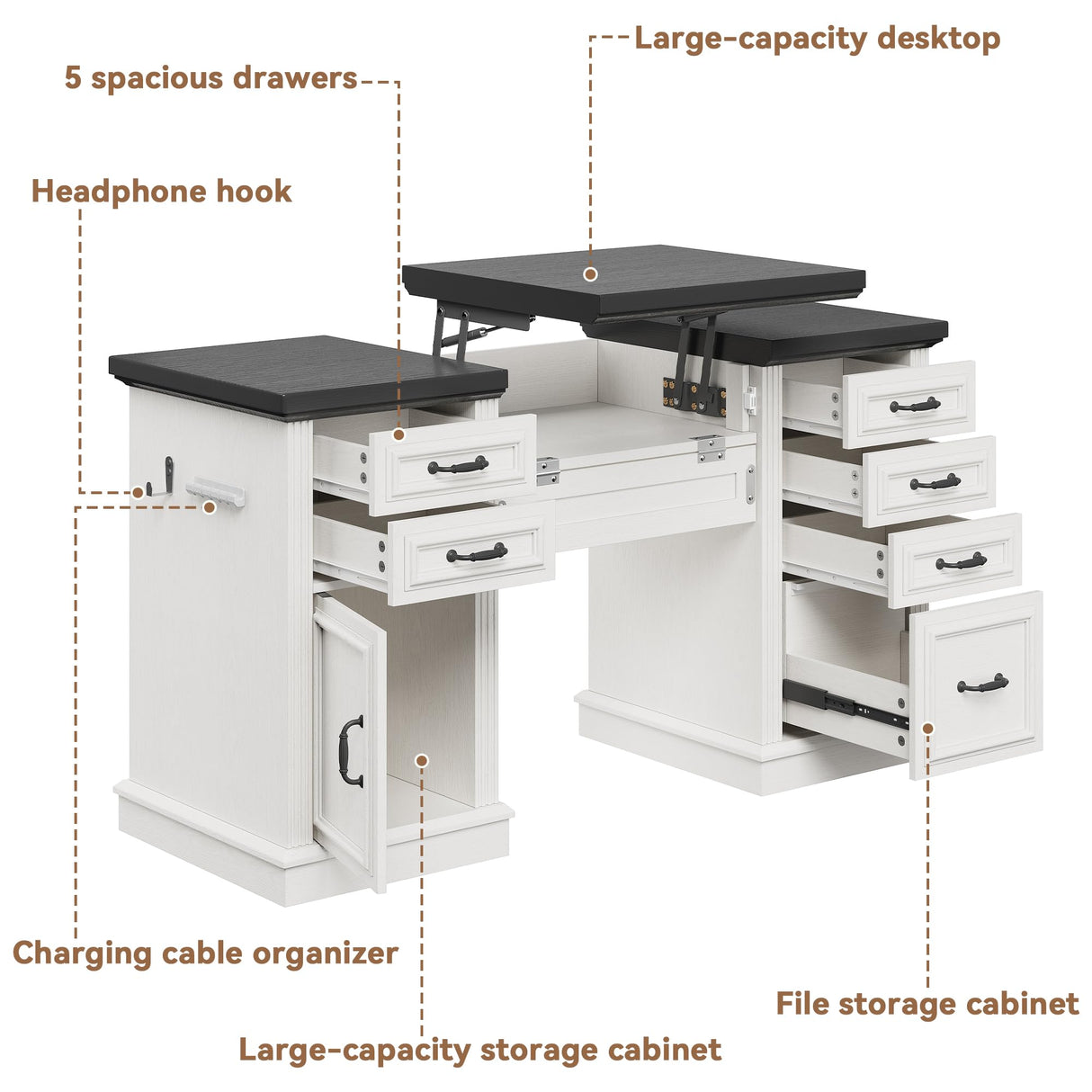 Farmhouse 57" Lift Desktop Executive Desk with 6 Drawers and Charging Station, Wood Home Office Computer Desk with File Cabinet Storage, Keyboard Tray,Headphone hook for Work,Study, Antique White Jocoevol