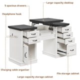 Farmhouse 57" Lift Desktop Executive Desk with 6 Drawers and Charging Station, Wood Home Office Computer Desk with File Cabinet Storage, Keyboard Tray,Headphone hook for Work,Study, Antique White Jocoevol