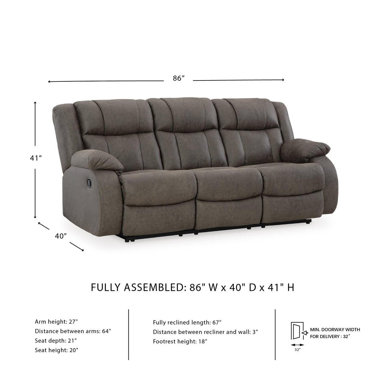 Signature Design by Ashley First Base Contemporary Faux Leather Manual Reclining Sofa, Gray Signature Design by Ashley