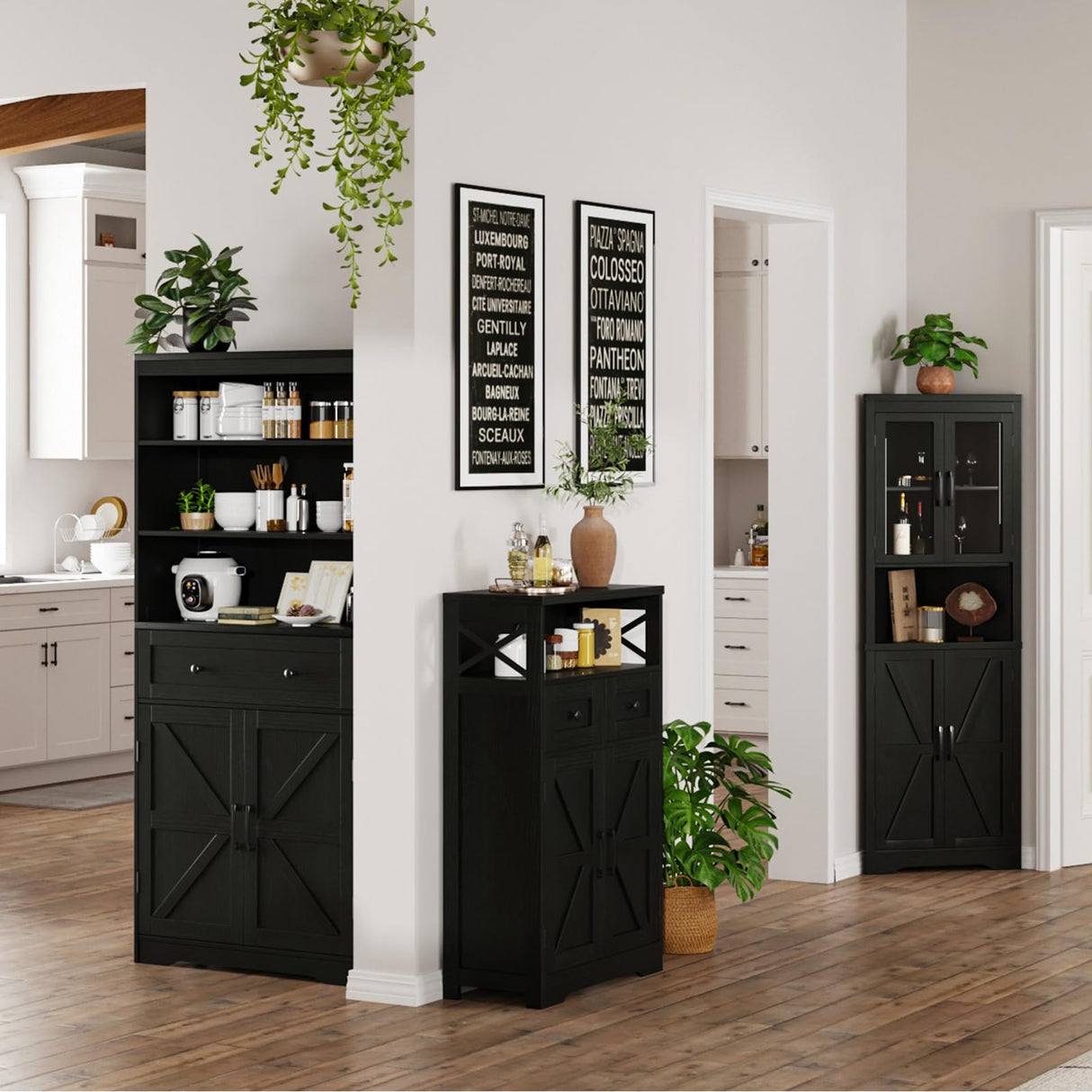 Black Storage Cabinet with Doors and Shelves, Farmhouse Kitchen Pantry Storage Cabinet, Small Coffee Bar Cabinet with Storage, Freestanding Floor Hutch Cupboard Cabinet for Kitchen/Laundry/Living Room FiveWillowise