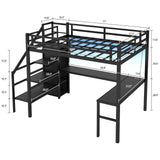 MAKIAAP Full Size Loft Bed with Desk and Wardrobe, Metal Heavy Duty Loft Bed Frames with Storage Stairs, LED Lights, Charging Station for Adults, Junior, Teens, Space Saving, Black (Full) MAKIAAP