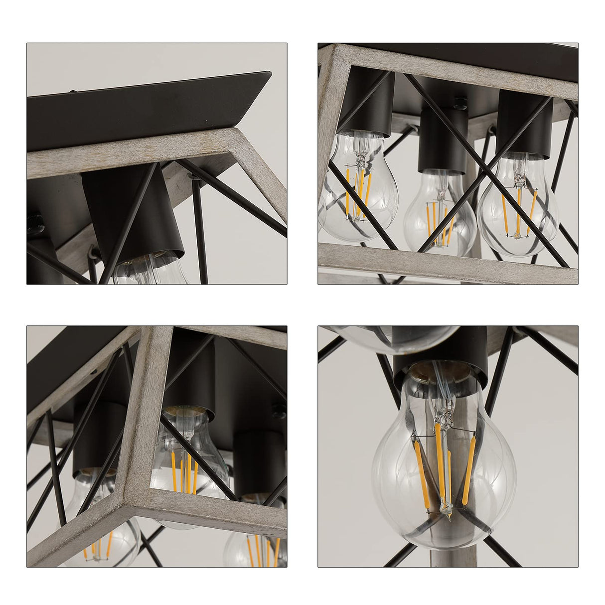 Q&S Farmhouse Ceiling Light Oak Semi Flush Mount Vintage 4-Light Square Rustic Island Light Fixtures for Entryway Hallway Dining Room Living Room Bedroom Q&S