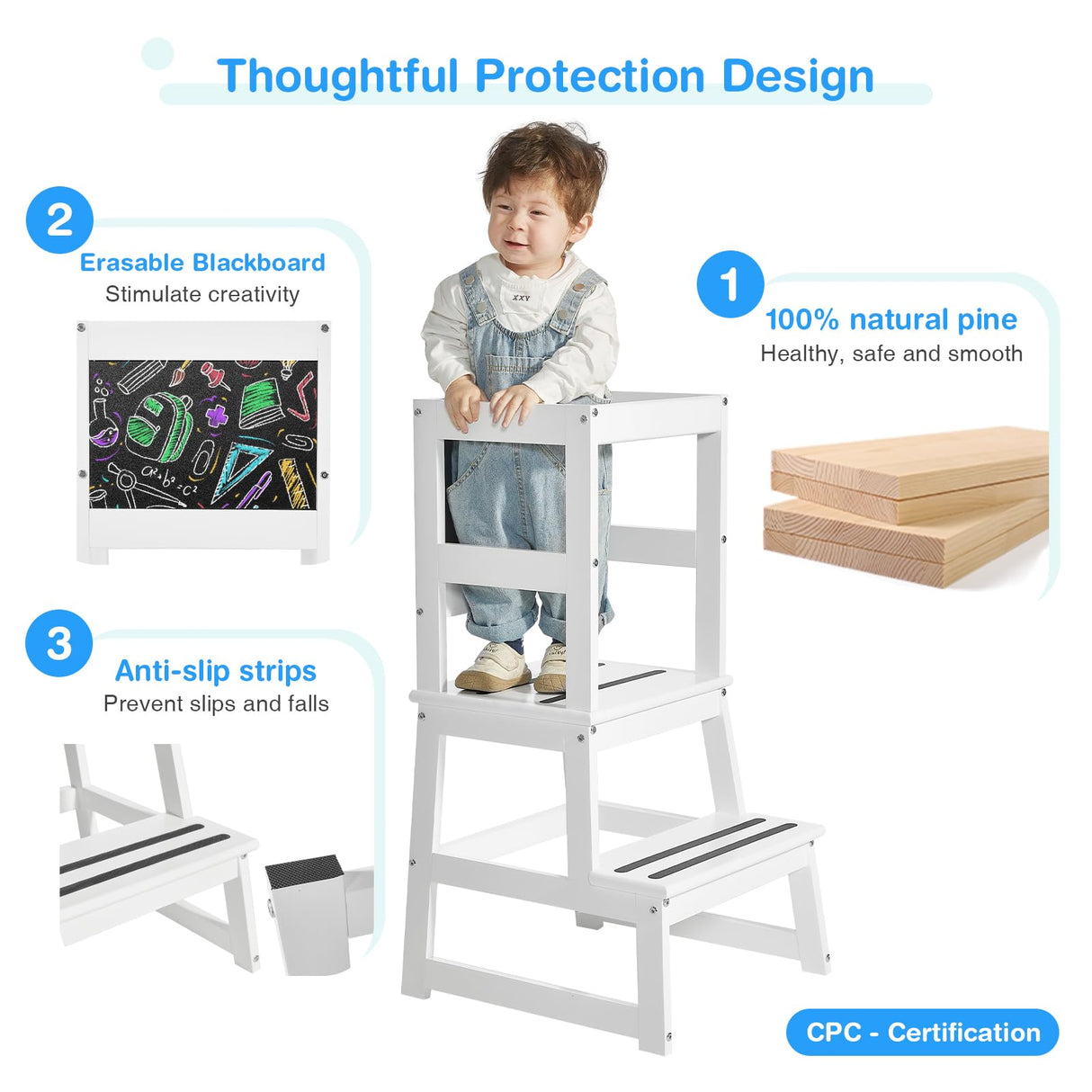 Yojoker Kids Kitchen Step Stool - Toddler Standing Tower, Toddler Kitchen Stool Helper, Montessori Kids Learning Stool with Safety Rail, Anti-Slip Mats and Chalkboard (White) Yojoker