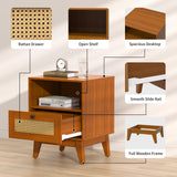 Ryvorbe Modern Rattan Nightstand Wood Side Table with Natural Rattan Drawer- Boho Nightstand with Solid Wood Legs for Bedroom, Living Room and Small Spaces Ryvorbe