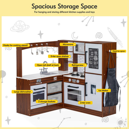 BRINJOY Corner Play Kitchen for Kids, Wooden Toddler Kitchen Playset w/Faucet, Sink, Microwave, Oven, Apron, Blackboard, Storage Cabinets, Pretend Cooking Toys w/Sound & Light Gift for Ages 3 - WoodArtSupply