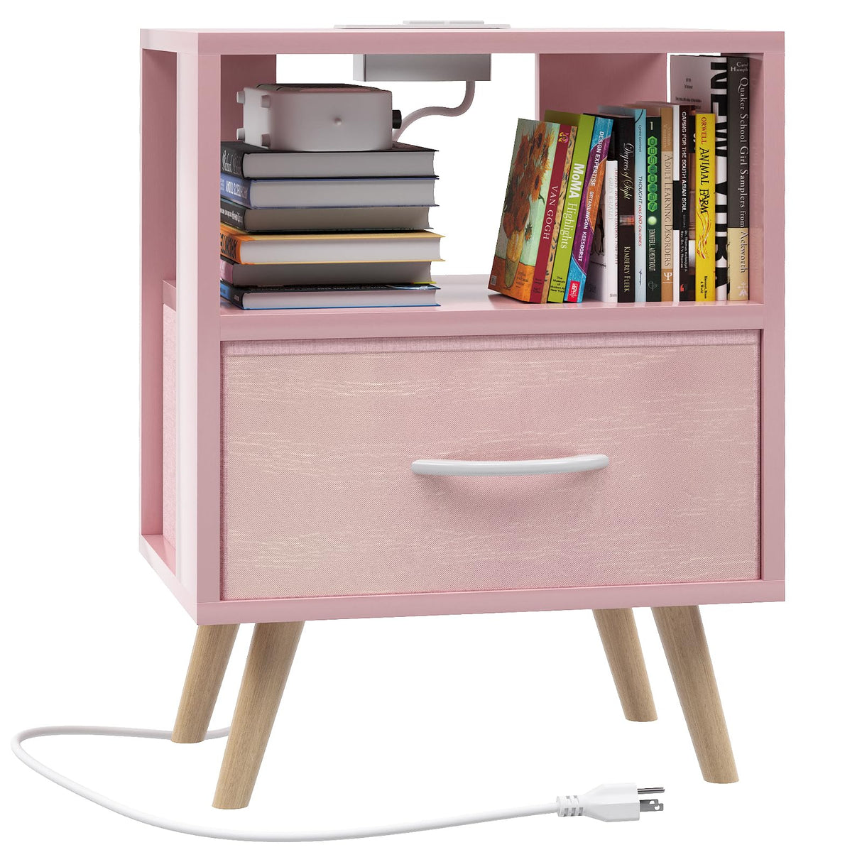 Aenuert Night Stand with Charging Station, Pink Kids Nightstand with Drawer, 2-Tier Nursery Bedside Table with USB Ports and Outlets, End Table for Small Space, Living Room, Bedroom Aenuert